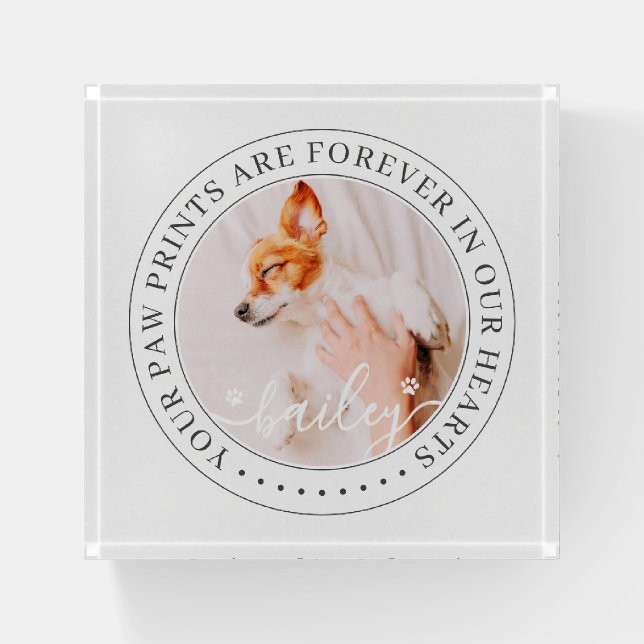 Pet Memorial Paw Prints Hearts Elegant Chic Photo Paperweight (Front)