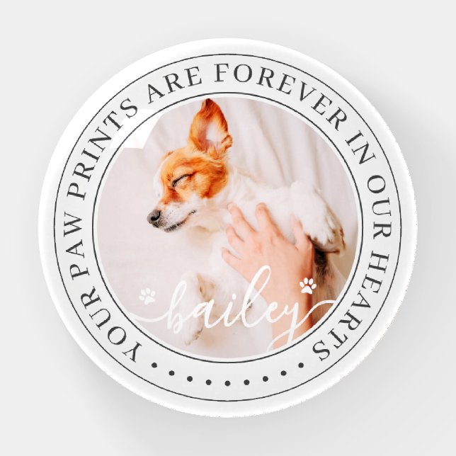Pet Memorial Paw Prints Hearts Elegant Chic Photo Paperweight (Front)