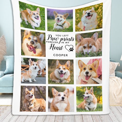 Pet Memorial Paw Prints Personalized Photo Collage Fleece Blanket