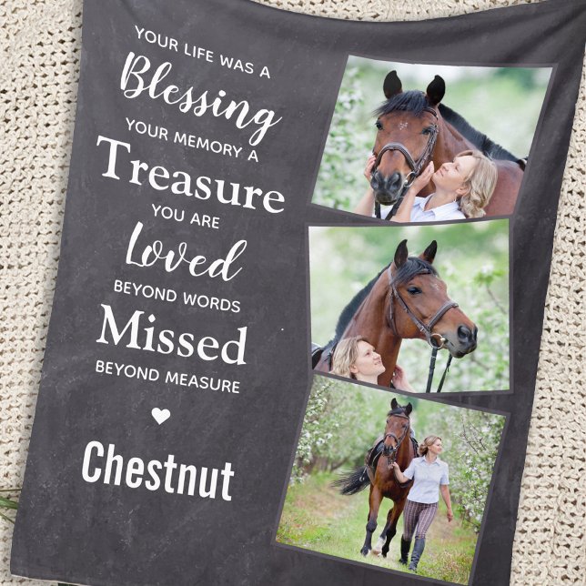 Pet Memorial Personalized 3 Horse Photo Collage Fleece Blanket (Creator Uploaded)