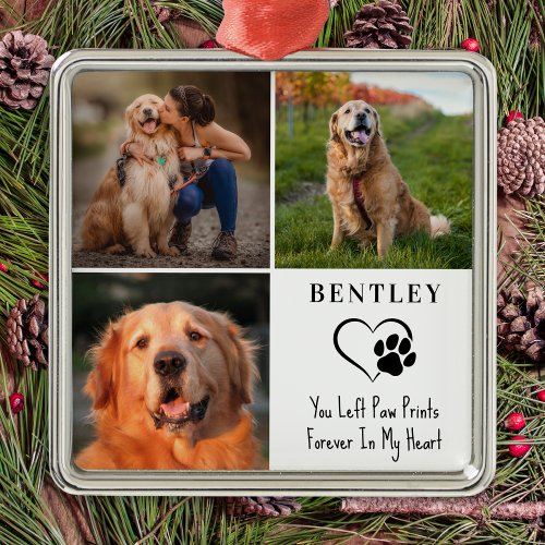 Pet Memorial Personalized 3 Photos Paw Prints Dog Metal Ornament