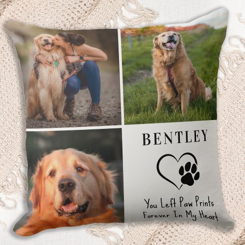 Pet Memorial Personalized 3 Photos Paw Prints Dog Throw Pillow