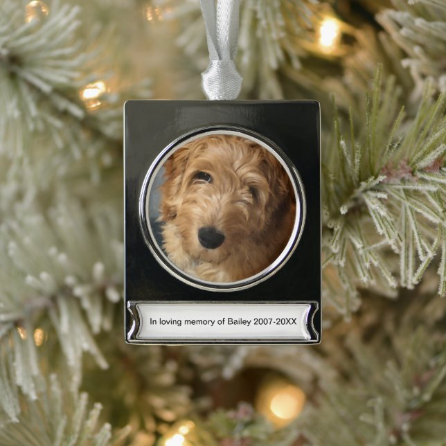 Pet Memorial personalized custom photo name & text Silver Plated Banner Ornament (Tree)