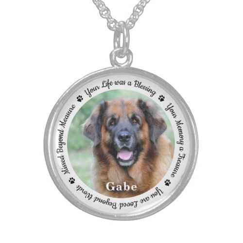 Pet Memorial Personalized Dog Photo Paw Prints Sterling Silver Necklace - Honor your best friend with a custom photo memorial necklace. This unique pet memorials keepsake is the perfect gift for yourself, family or friends to pay tribute to your loved one. We hope your dog memorial photo necklace will bring you peace, joy and happy memories. 
Quote "Your Life was a Blessing, Your Memory a Treasure, You are Loved Beyond Words, Missed Beyond Measure".
Customize with favorite pet dog or cat photos, and name . 
COPYRIGHT © 2020 Judy Burrows, Black Dog Art - All Rights Reserved. Pet Memorial Personalized Dog Photo Paw Prints Sterling Silver Necklace