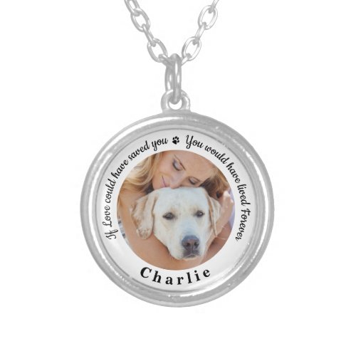 Pet Memorial Personalized Dog Photo Silver Plated Necklace - Honor your best friend with a custom photo pet memorial necklace . This unique memorial keepsake is the perfect gift for yourself, family or friends to pay tribute to your loved one. This unique dog memorial necklace features a simple black and white design with decorative script.
Quote "If Love could have saved you, you would have lived Forever".
Customize with favorite dog, cat animal photo, name. 
COPYRIGHT © 2020 Judy Burrows, Black Dog Art - All Rights Reserved. Pet Memorial Personalized Dog Photo Silver Plated Necklace