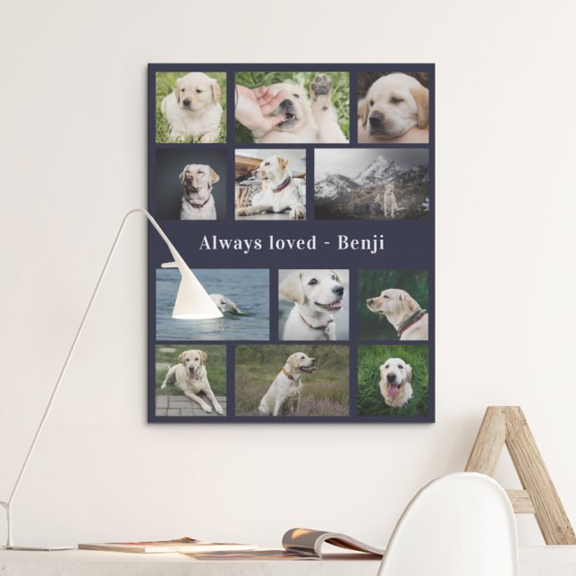 Pet Memorial Personalized Keepsake Photo Collage Faux Canvas Print (Dog pet lover memorial faux canvas with 12 photos and custom text.)