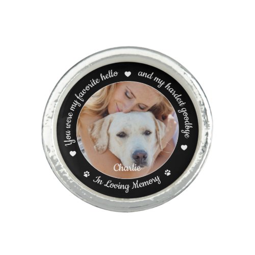 Pet Memorial Pet Loss Gift Personalized Dog Photo  Ring - Honor your best friend with a custom photo pet memorial ring. This unique pet memorial ring is the perfect gift for yourself, family or friends to pay tribute to your loved one. This dog memorial ring features a simple black and white design with decorative script.
Quote "You were my favorite hello and my hardest goodbye ~ In Loving Memory".
Customize with favorite dog, cat animal photo, name. 
COPYRIGHT © 2020 Judy Burrows, Black Dog Art - All Rights Reserved. Pet Memorial Pet Loss Gift Personalized Dog Photo Ring