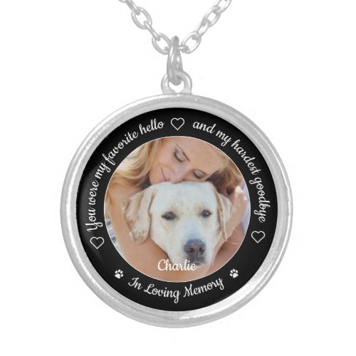 Pet Memorial Pet Loss Gift Personalized Dog Photo Silver Plated Necklace - Honor your best friend with a custom photo pet memorial necklace. This unique pet memorial necklace is the perfect gift for yourself, family or friends to pay tribute to your loved one. This dog memorial necklace features a simple black and white design with decorative script.
Quote "You were my favorite hello and my hardest goodbye ~ In Loving Memory".
Customize with favorite dog, cat animal photo, name. This dog memorial locket is perfect as a Christmas keepsake. 
COPYRIGHT © 2020 Judy Burrows, Black Dog Art - All Rights Reserved. Pet Memorial Pet Loss Gift Personalized Dog Photo Silver Plated Necklace 