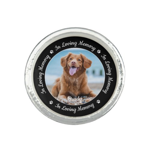 Pet Memorial Pet Loss Personalized Dog Photo Ring - Honor your best friend with a custom photo pet memorial ring . This unique memorial keepsake is the perfect gift for yourself, family or friends to pay tribute to your loved one. This dog memorial ring features a simple black and white design with decorative script.
Quote "In Loving Memory".
Customize with favorite dog, cat animal photo, name. 
COPYRIGHT © 2020 Judy Burrows, Black Dog Art - All Rights Reserved. Pet Memorial Pet Loss Personalized Dog Photo Ring