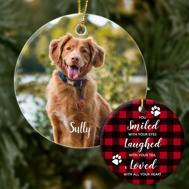 Pet Memorial Pet Loss Red Buffalo Plaid Dog Photo Ceramic Ornament (Creator Uploaded)