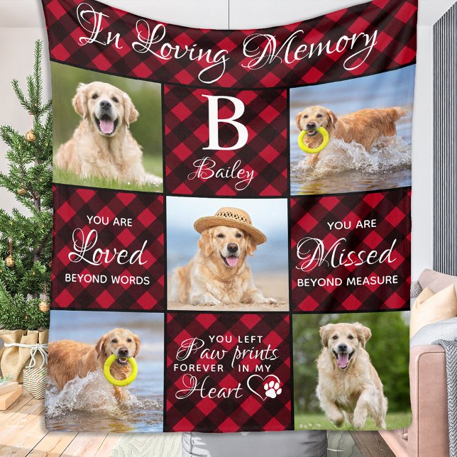 Pet Memorial Pet Loss Red Plaid Unique 5 Dog Photo Fleece Blanket (Creator Uploaded)