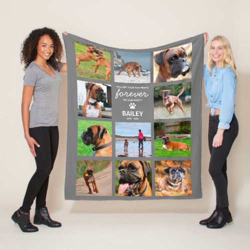 Pet Memorial Photo Collage Gray Fleece Blanket - Personalized pet memorial fleecy blanket featuring a modern gray background that can be changed to any color, 11 pictures of your cat, dog or other animal, the words "you left your paw prints forever on our hearts", their name, and the dates.