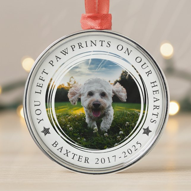 Pet Memorial Photo Pawprints on Our Hearts Metal Ornament (Creator Uploaded)