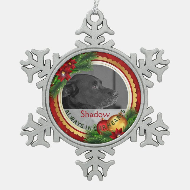 Pet Memorial Photo Personalize Pet Loss Condolence Snowflake Pewter Christmas Ornament (Front)