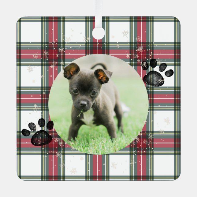 Pet Memorial Photo Red Plaid Personalized Metal Ornament (Front)