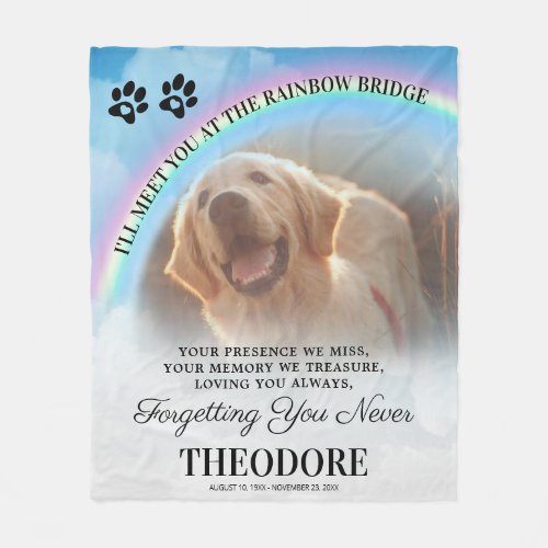 Pet Memorial Rainbow Bridge Photo Fleece Blanket - Pet loss tribute blanket featuring a colorful rainbow bridge in the heavenly sky, a faded photo of the pet your remembering, a sympathy quote, the dog/cats name, paw prints, and dates. This animal keepsake blanket is easy to customize, and is the perfect gift for you, your family, or friends to honor those special pets who are no longer with us.