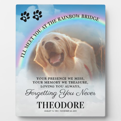Pet Memorial Rainbow Bridge Photo Plaque - Pet memorial photo plaque featuring a colorful rainbow bridge in the heavenly sky, a faded photo of the pet your remembering, a sympathy quote, the dog/cats name, paw prints, and dates. This animal keepsake plaque is easy to customize, and is the perfect gift for you, your family, or friends to honor those special pets who are no longer with us.