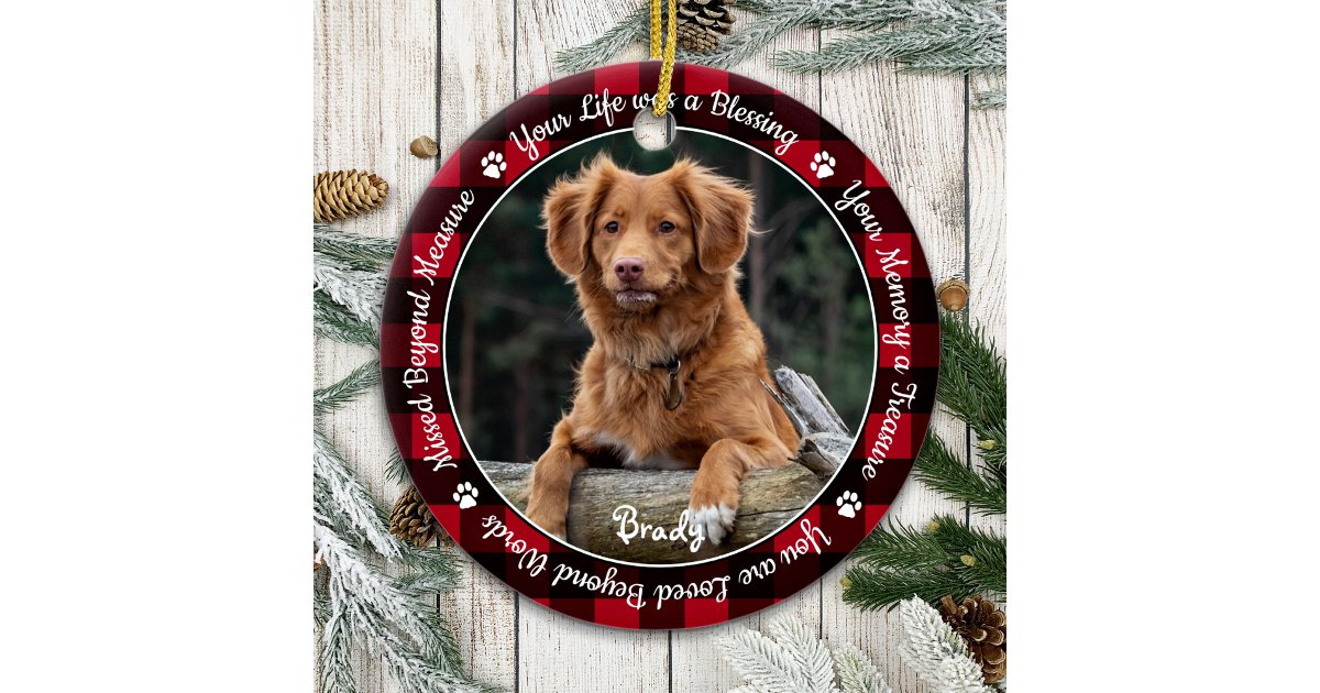 Pet Memorial Red Buffalo Plaid Keepsake Dog Photo Ceramic Ornament | Zazzle
