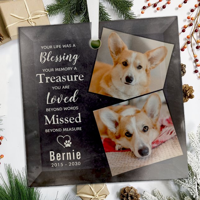 Pet Memorial Remembrance Poem Modern Dog 2 Photo Glass Ornament (Creator Uploaded)