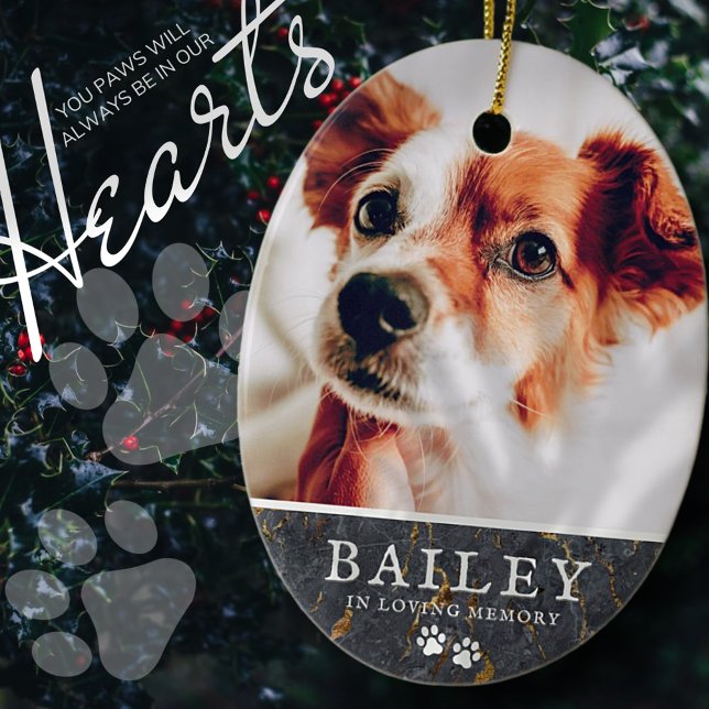 Pet Memorial Rustic Marble Stone Paws Photo Ceramic Ornament (Creator Uploaded)