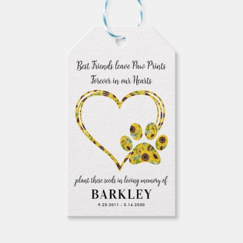 Pet Memorial Seed Packet Paw Print Heart Sunflower Gift Tags