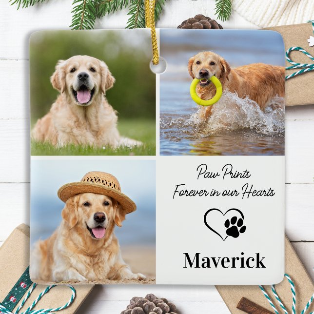 Pet Memorial Sympathy Personalized 3 Photo Collage Ceramic Ornament (Creator Uploaded)