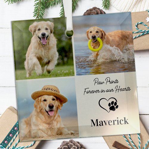 Pet Memorial Sympathy Personalized 3 Photo Collage Glass Ornament