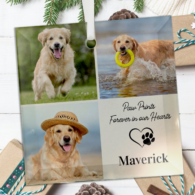 Pet Memorial Sympathy Personalized 3 Photo Collage Glass Ornament (Creator Uploaded)