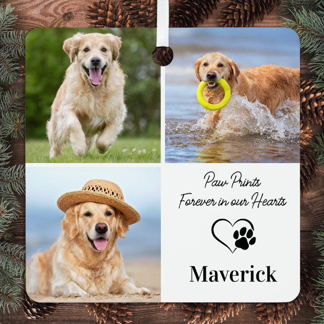 Pet Memorial Sympathy Personalized 3 Photo Collage Metal Ornament (Creator Uploaded)