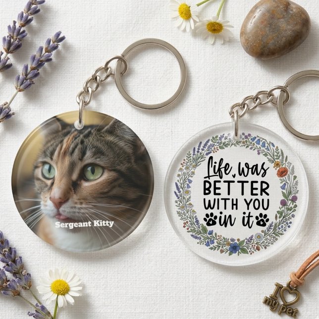 Pet Memorial Wildflower Wreath Remembrance Keychain (Cat memorial floral keychain)