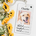 Pet Memorials Keepsake Dog Keychain<br><div class="desc">Celebrate your best friend with a custom pet dog memorial keychain . This is the perfect gift for yourself, family or friends to honor those loved . We hope your photo keychain will bring you joy, peace, and happy memories . Quote : " You Smiled with your eyes , Laughed...</div>