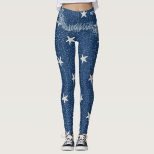 Pet Mom Faux Denim Patchy Jagged Stars Blue Jeans Leggings