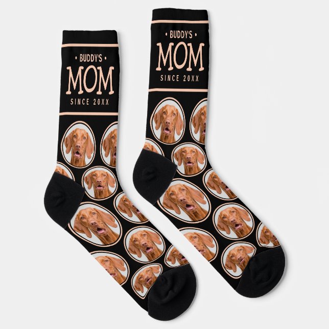 Pet Mom Gift Dog Cat Photo Pattern Black & Pink Socks (Right)