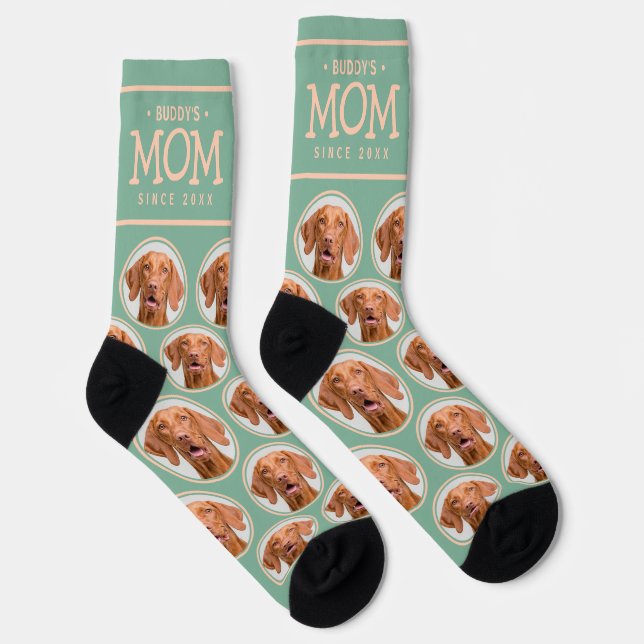 Pet Mom Gift Dog Cat Photo Pattern Green & Pink Socks (Right)