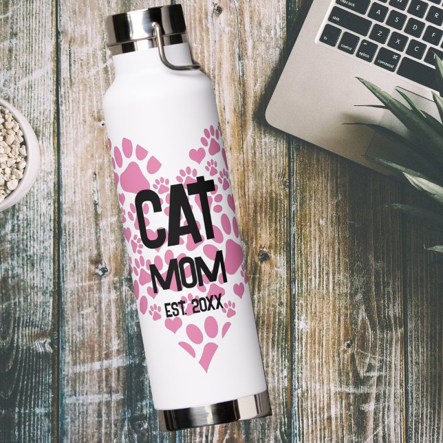 Pet Mom Mama to Cat Dog Paw Print Love Heart  Water Bottle (Creator Uploaded)