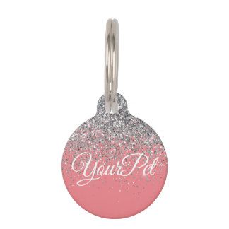 Pet Name & Address Tag Glitter Look Silver Pink