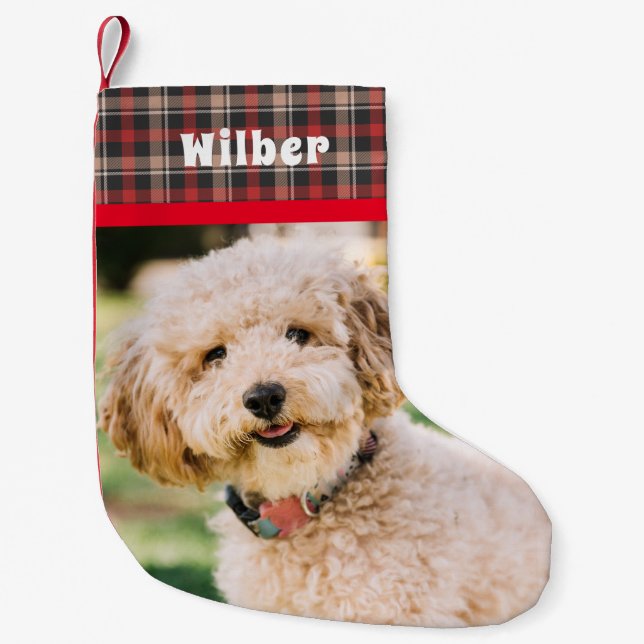 Pet Name and Photo Red Flannel Small Christmas Stocking (Front)