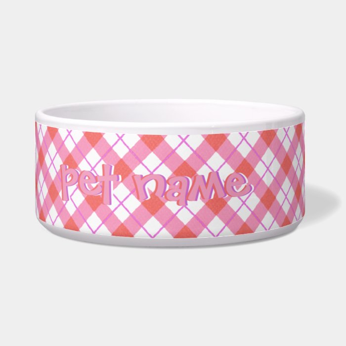 Pet Name Pink Red Plaid Bowls Dog Water Bowl