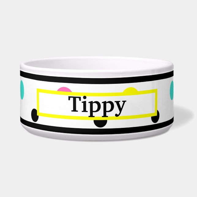 Pet Name Yellow Blue Polka Dots Bowl (Front)