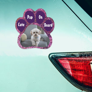 Pet on Board Pink Paw Print Sparkle Sequins Photo Car Magnet