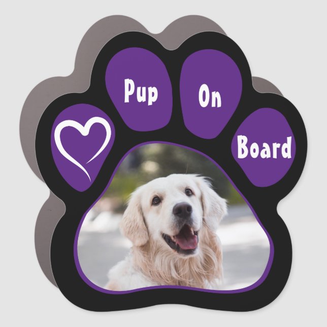 Pet on Board Purple Paw Print with Heart Photo Car Magnet (Front)