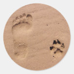 Pet &amp; Owner Prints In The Sand Classic Round Sticker at Zazzle