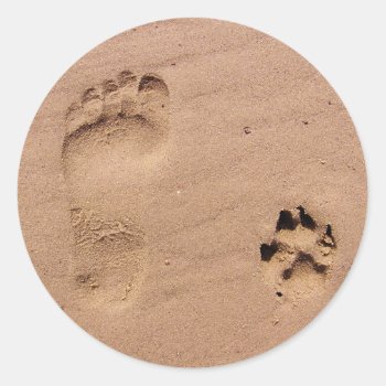 Pet & Owner Prints In The Sand Classic Round Sticker by Paws_At_Peace at Zazzle