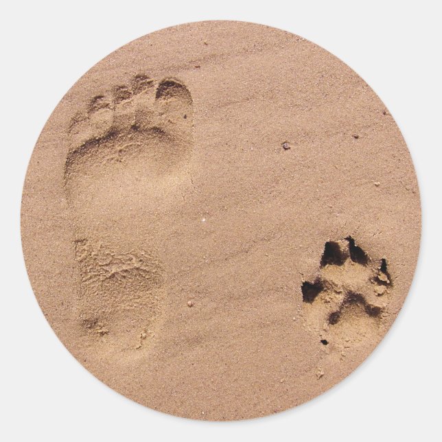 Pet & Owner Prints in the Sand Classic Round Sticker (Front)