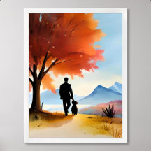 pet painting man dog walking blue mountain tree