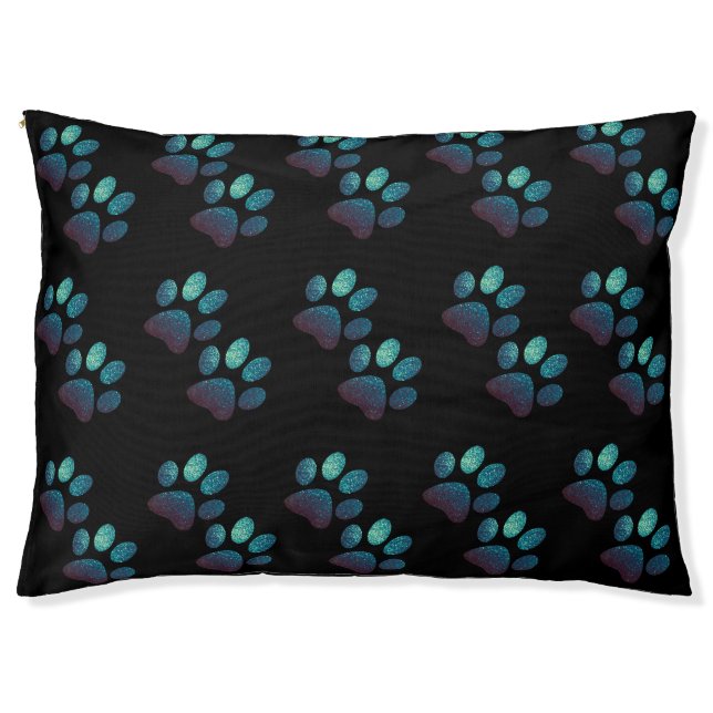 Pet paw dark blue glitter on black background  bed (Front)