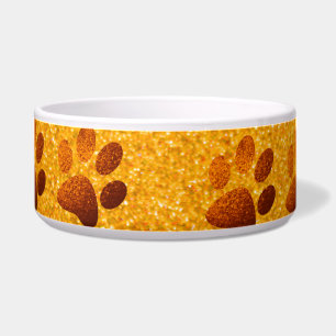 Pet paw dark gold glitter print on gold background bowl