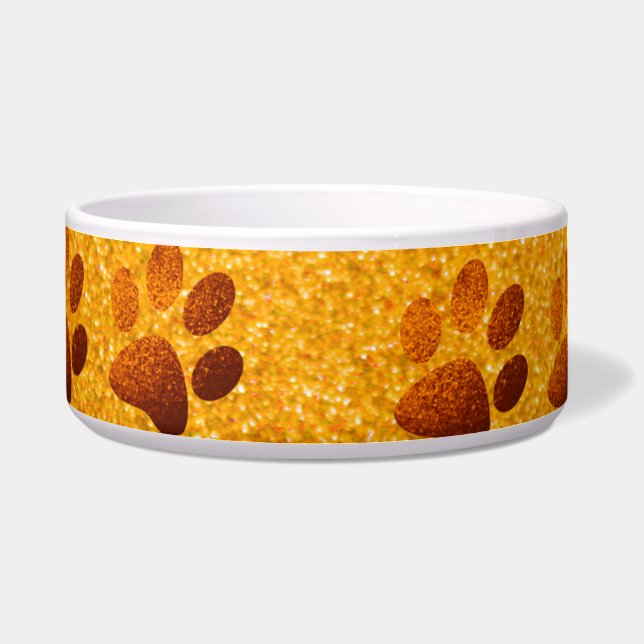 Pet paw dark gold glitter print on gold background bowl (Front)
