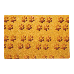 Pet paw dark gold glitter print on gold background placemat