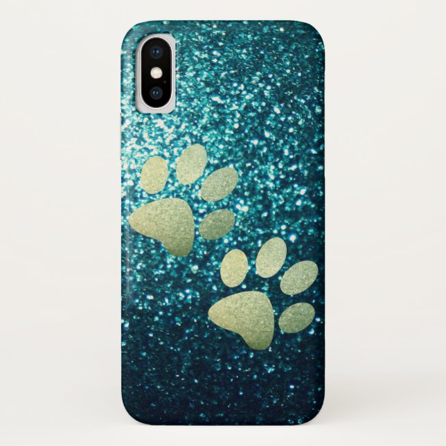 Pet paw green glitter print on turquoise glitter Case-Mate iPhone case (Back)